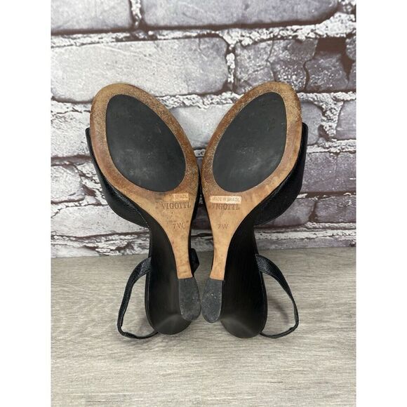 Vigotti Black Leather Open Toe Slingback High Wedge Sandals Women Sz 7W US/38EU - Picture 6 of 16
